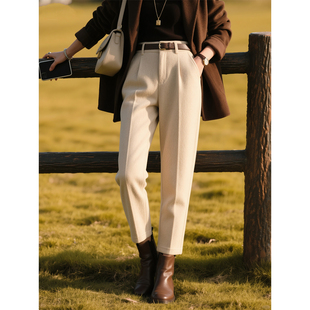米白色毛呢哈伦裤女2026年秋冬新款高腰显瘦小个子烟管裤萝卜裤