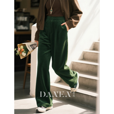 深绿色灯芯绒阔腿裤女2025年秋冬