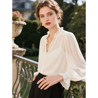 白色雪纺木耳边V领长袖衬衫女