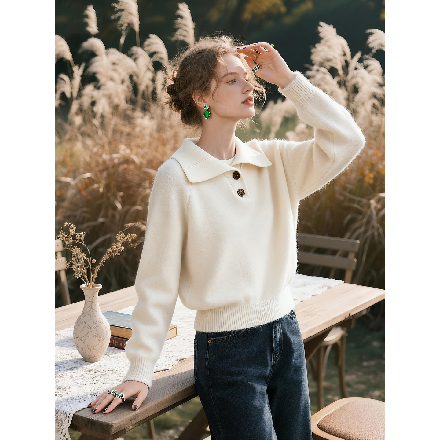 奶杏色polo领长袖针织衫女2025