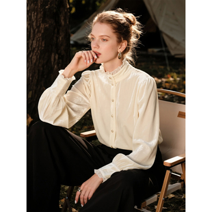 女2025年秋冬新款 丝绒衬衫 珍珠扣复古气质上衣 立领木耳边长袖 法式