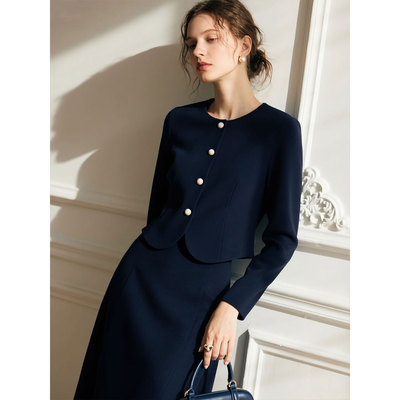 藏青色小香风套装裙女秋季两件套