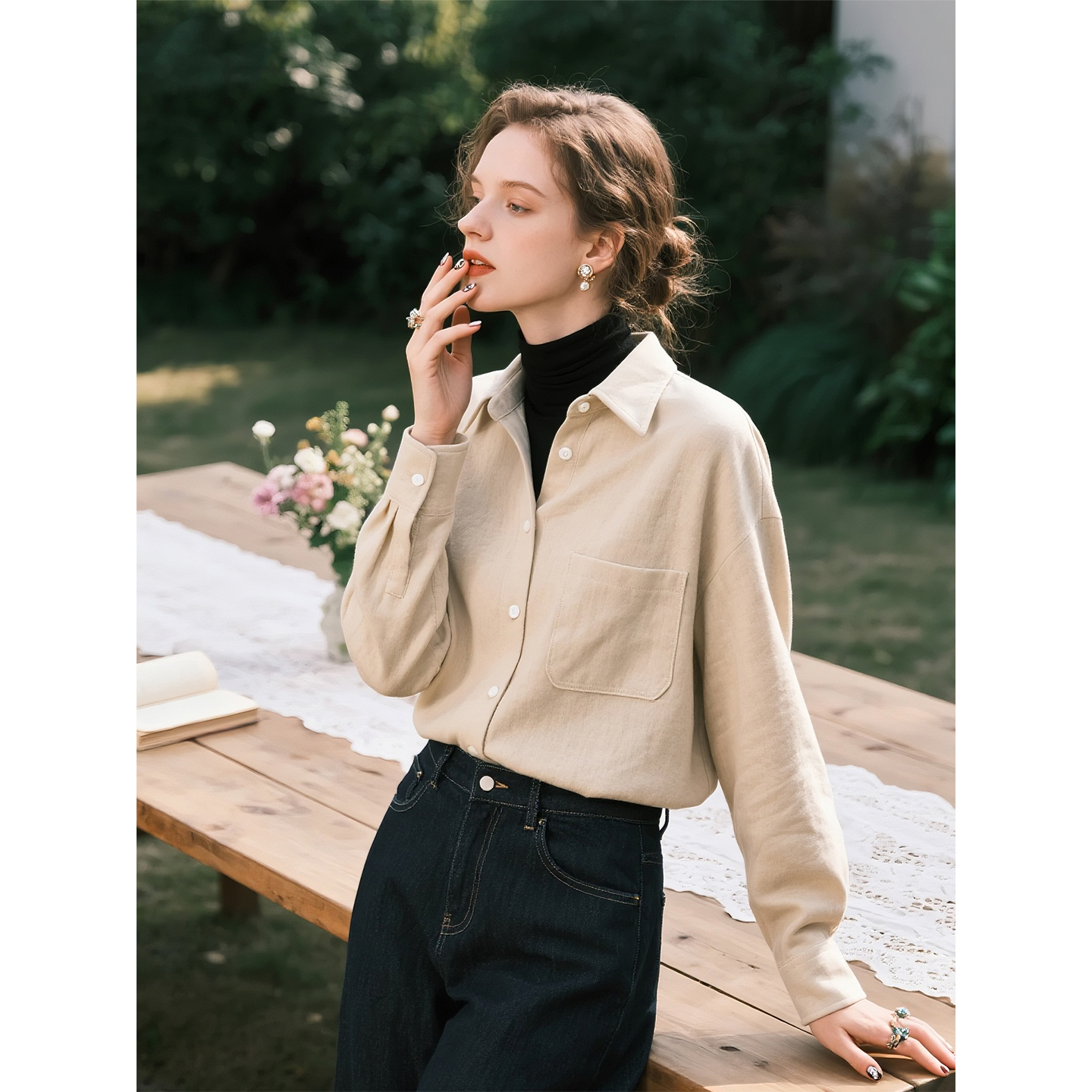 米白色磨毛长袖衬衫女2025年秋冬