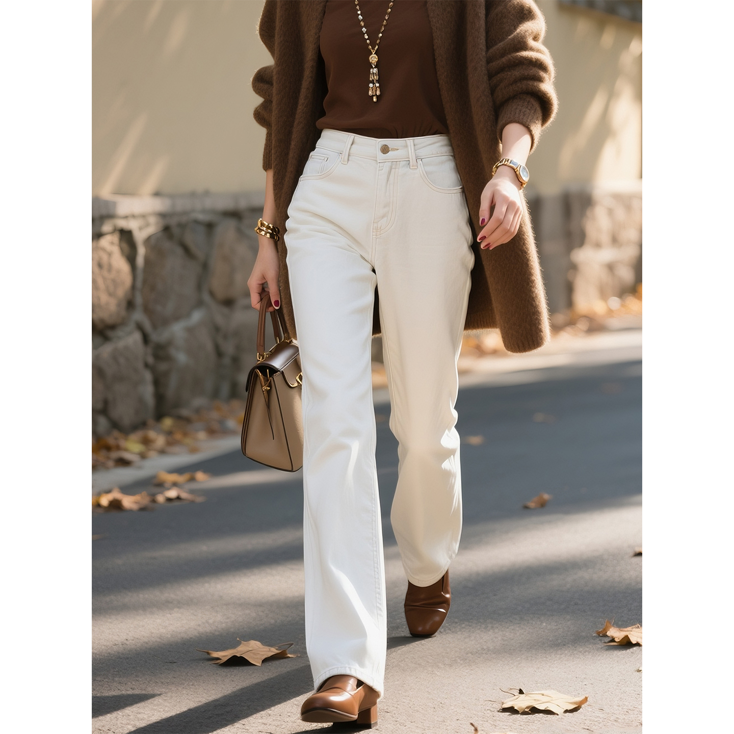米色高腰直筒牛仔裤女2025年秋季新款宽松显瘦百搭休闲阔腿长裤子