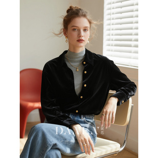 黑色长袖丝绒衬衫女2026年秋冬新款复古高级感叠穿衬衣显瘦上衣