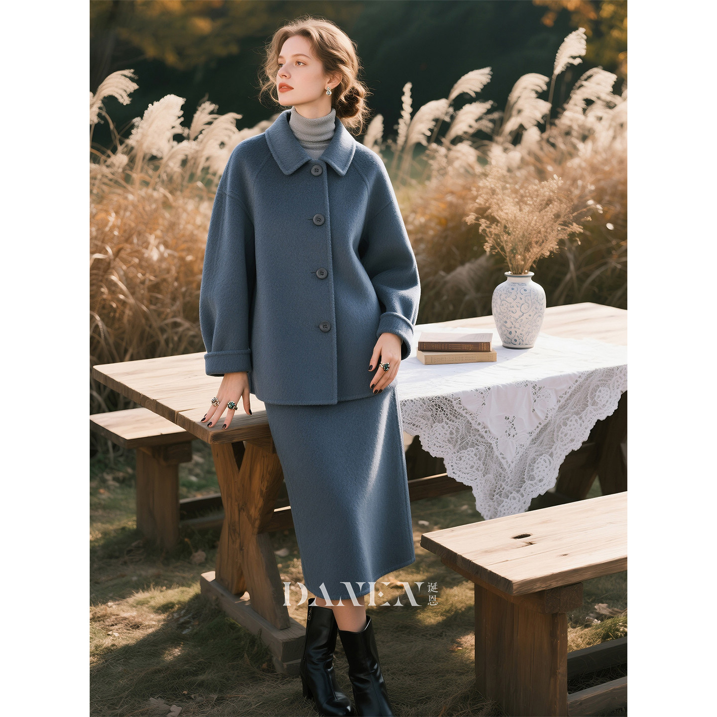 午夜蓝羊毛外套半身裙套装女2026年秋冬新款气质毛呢高级感两件套,女装/女士精品,时尚套装,淘宝优惠券,粉丝福利购,淘宝优惠卷