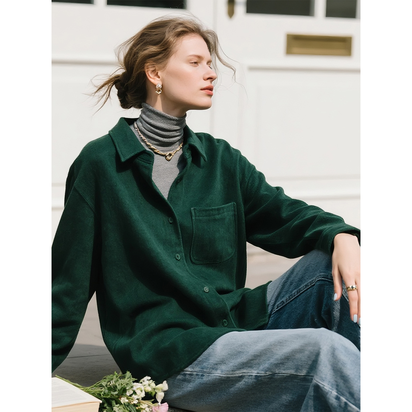 墨绿色灯芯绒长袖衬衫女2025年