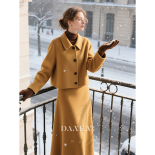 姜黄色100羊毛套装女秋冬2026新款小香风双面呢外套半身裙两件套