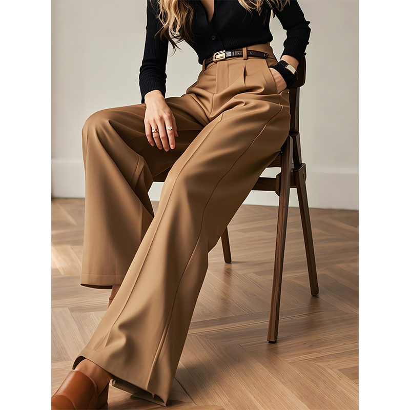 卡其色高腰阔腿裤女2025年春秋