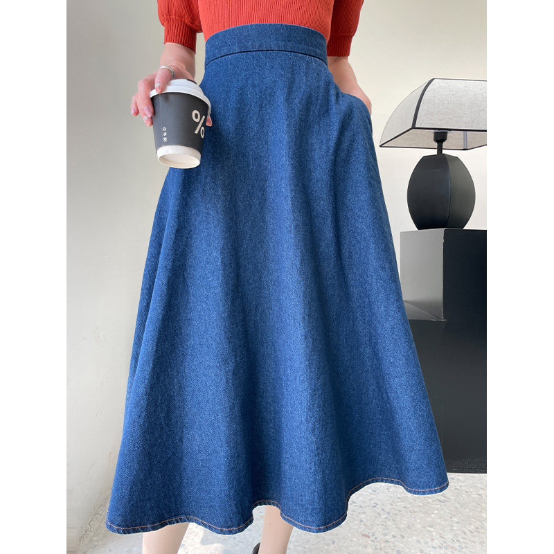 蓝色复古牛仔半身裙女2024新款夏季a字裙高腰显瘦中长款大摆伞裙