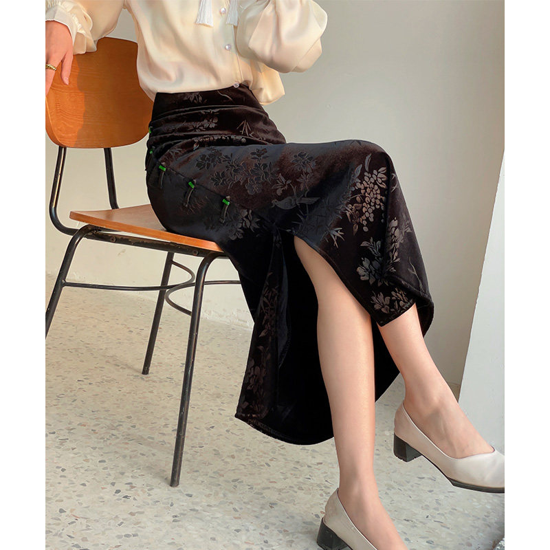 黑色提花半身裙女2026年春季新款新中式国风女装盘扣开叉包臀裙子,女装/女士精品,半身裙,淘宝优惠券,粉丝福利购,淘宝优惠卷