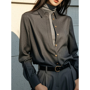 灰色磨毛襯衫 加厚高級感保暖襯衣內搭疊穿上衣 女2025年秋冬新款