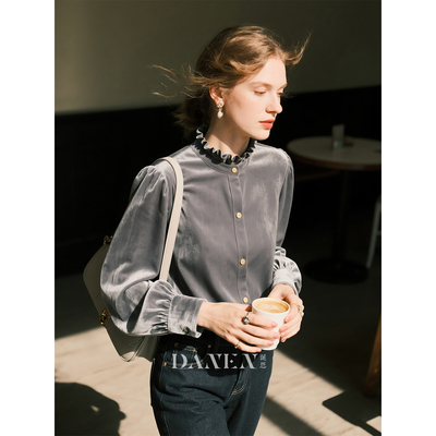 灰色木耳领丝绒衬衫显瘦衬衣上衣