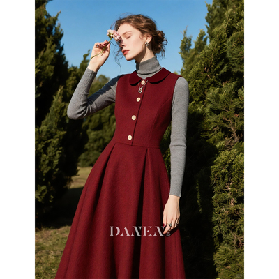 枣红色娃娃领毛呢无袖连衣裙女