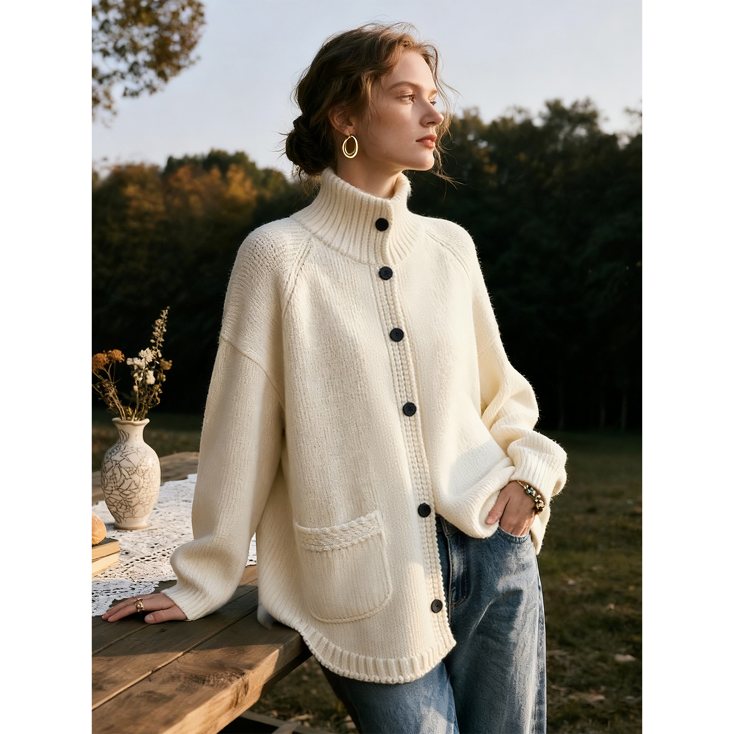 米白色立领长袖毛衣外套女2025