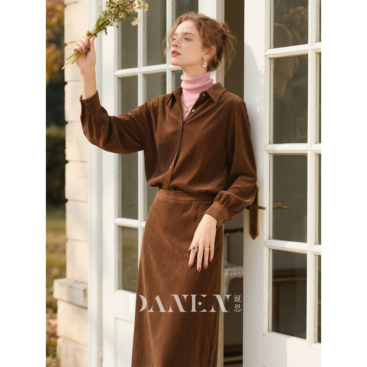 棕色全棉翻领灯芯绒衬衫半身裙