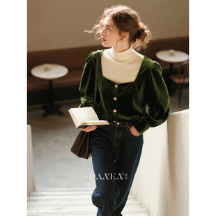 绿色方领丝绒衬衫女2026春季新款气质设计感高级法式时尚衬衣上衣