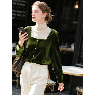 绿色方领丝绒衬衫女2026年春季新款时尚洋气减龄衬衣内搭叠穿上衣
