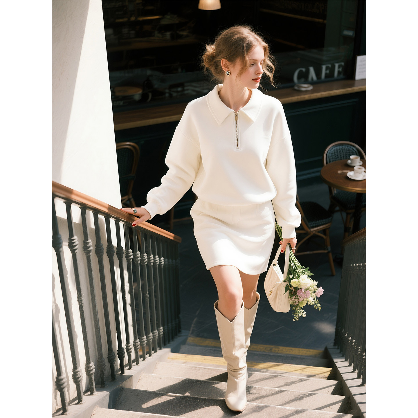 白色POLO领半拉链卫衣套装女2026年春季新款休闲百搭洋气两件套,女装/女士精品,时尚套装,淘宝优惠券,粉丝福利购,淘宝优惠卷