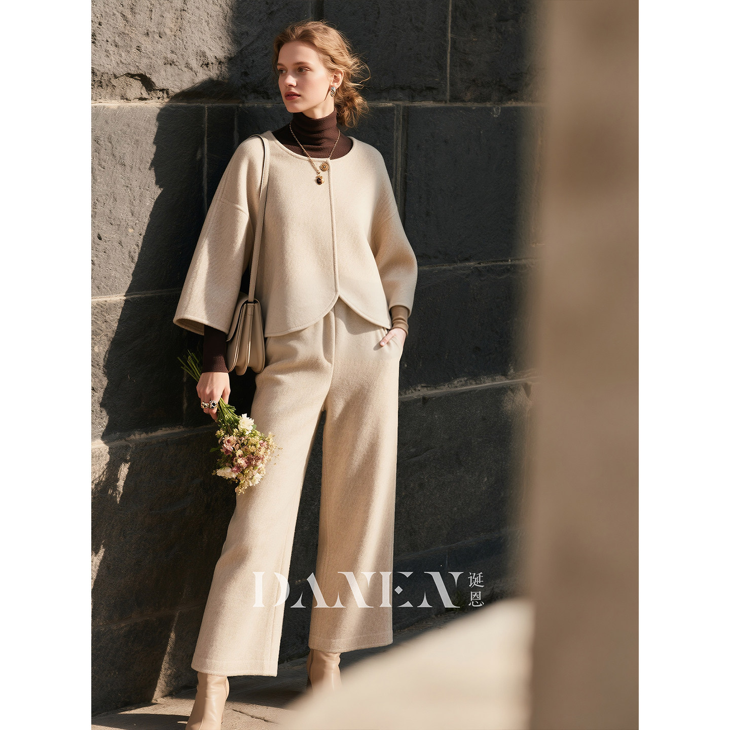 米杏色绵羊毛套装女2026年春季新款高级感双面外套阔腿裤两件套,女装/女士精品,时尚套装,淘宝优惠券,粉丝福利购,淘宝优惠卷