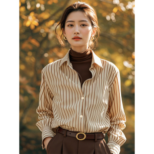 磨毛衬衣内搭叠穿高级感轻奢上衣 新款 杏色条纹衬衫 女2026年春季