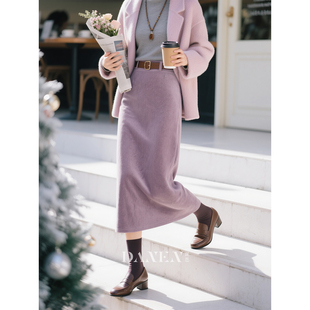 淡紫色纯棉灯芯绒高腰半身裙女2026年秋冬新款气质中长款直筒裙子