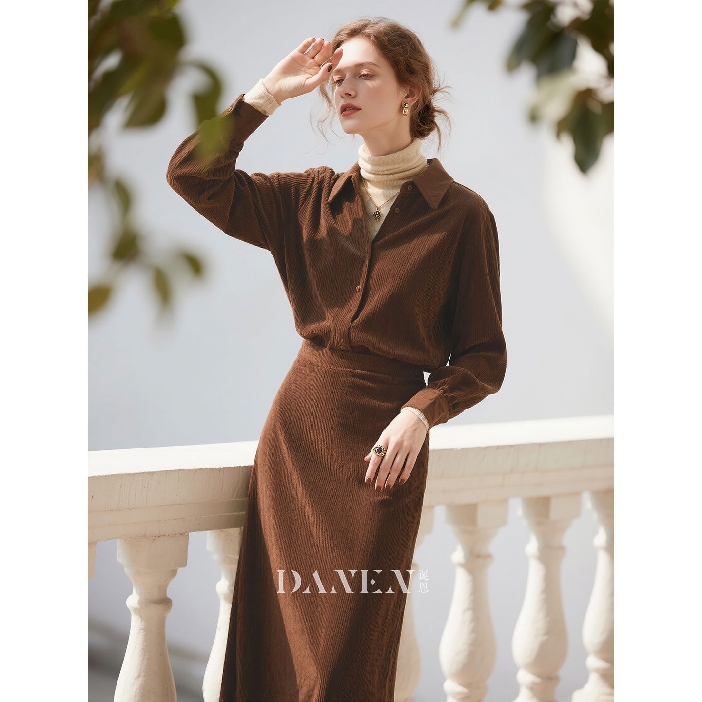 棕色全棉灯芯绒衬衫半身裙两件套