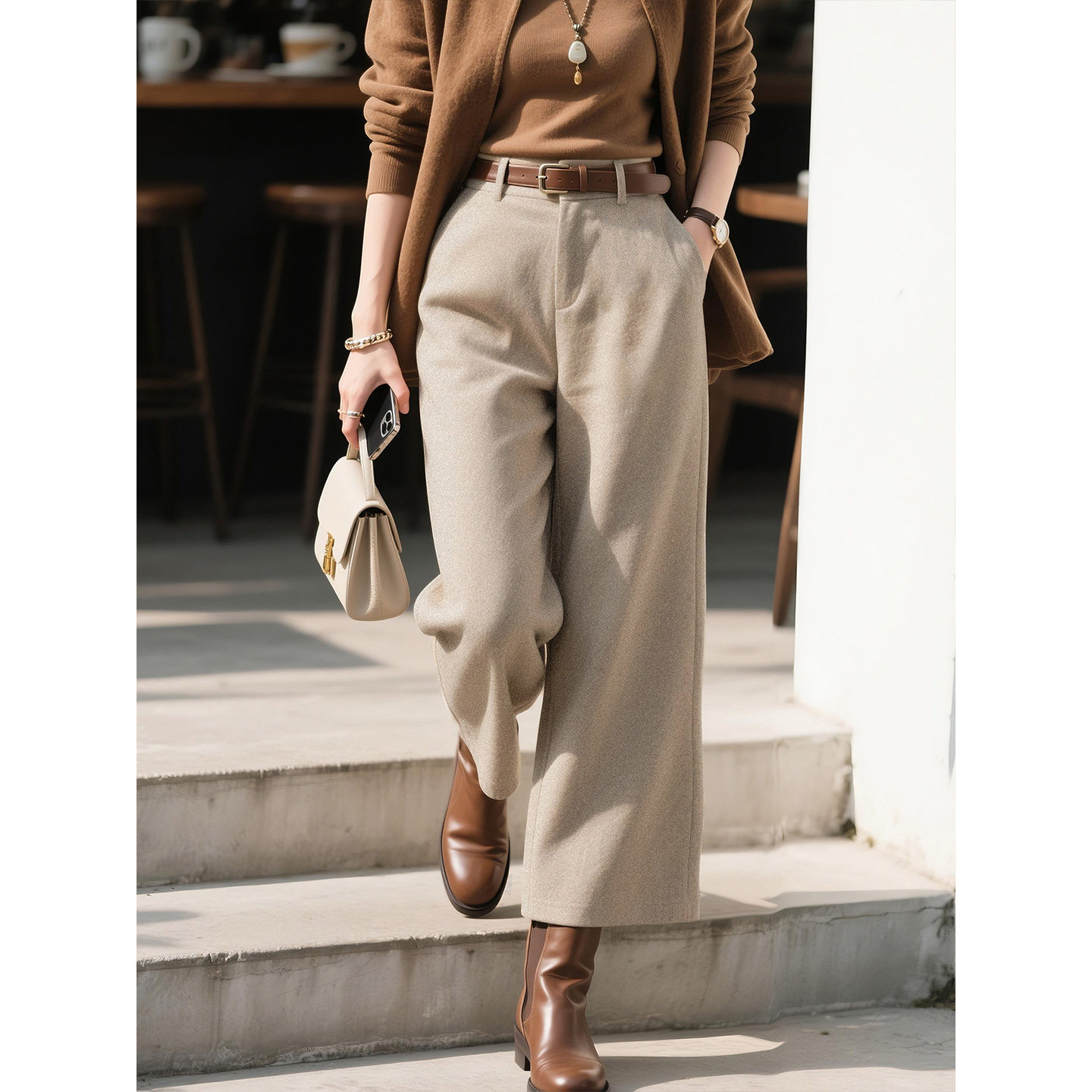 燕麦色绵羊毛阔腿裤女2025年秋冬