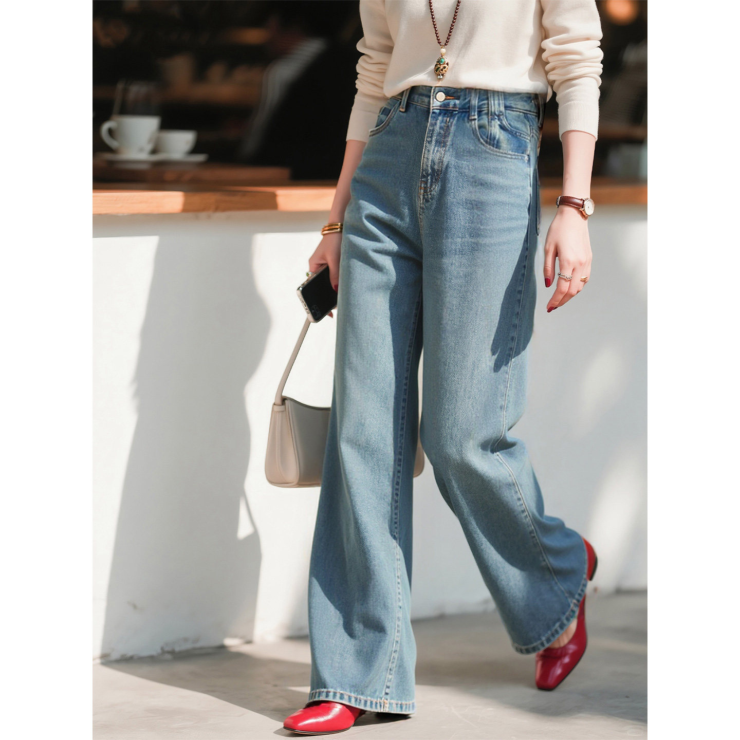 蓝色高腰阔腿牛仔裤女2026年春季新款复古高级感气质显瘦直筒长裤,女装/女士精品,牛仔裤,淘宝优惠券,粉丝福利购,淘宝优惠卷