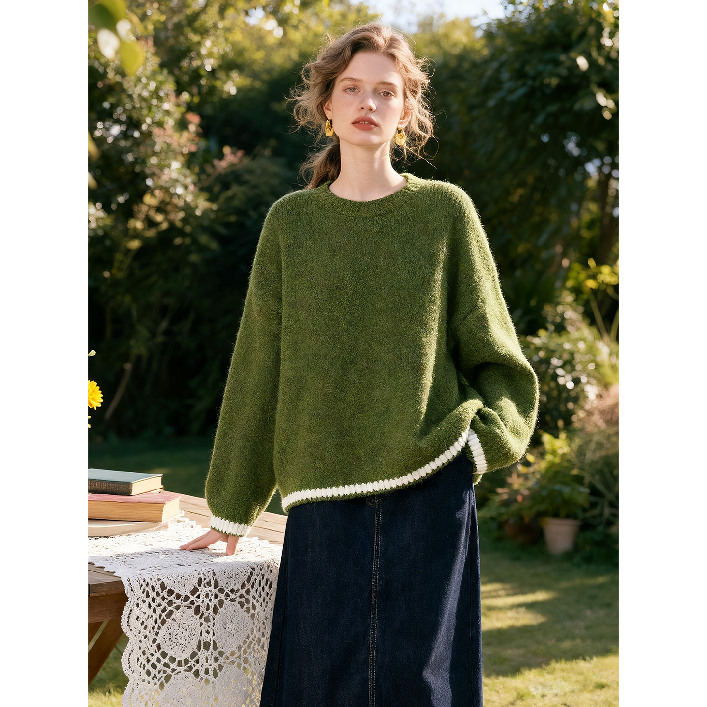 复古绿色圆领羊毛套头毛衣女2025