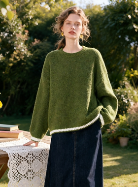 复古绿色圆领羊毛套头毛衣女2025年秋冬新款慵懒风软糯针织衫上衣