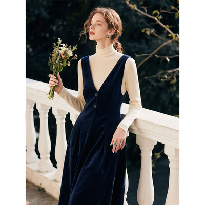 深蓝色纯棉灯芯绒背带连衣裙女