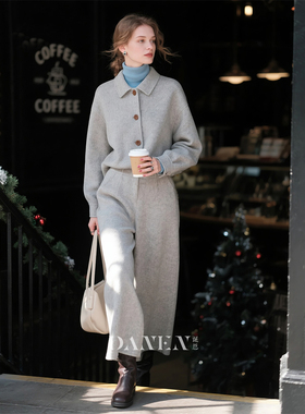 白灰色羊毛毛呢套装女秋冬外套九分裤两件套2026超火冬装一整套