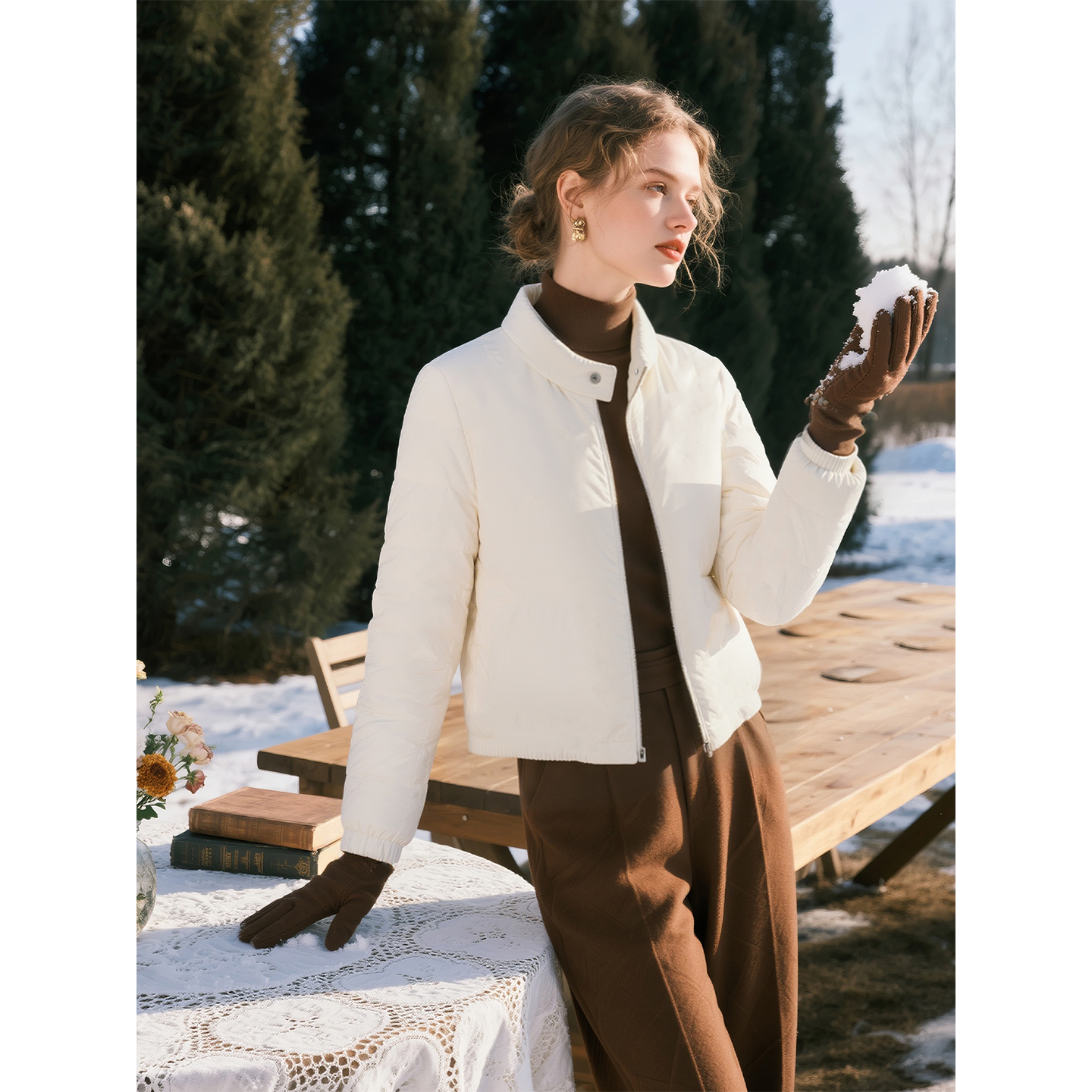 韩系白色立领棉服女2025年秋冬