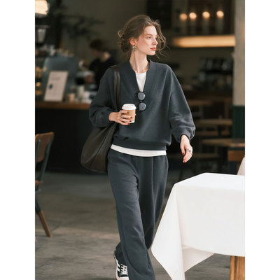 灰色休闲卫衣套装女2025年秋冬