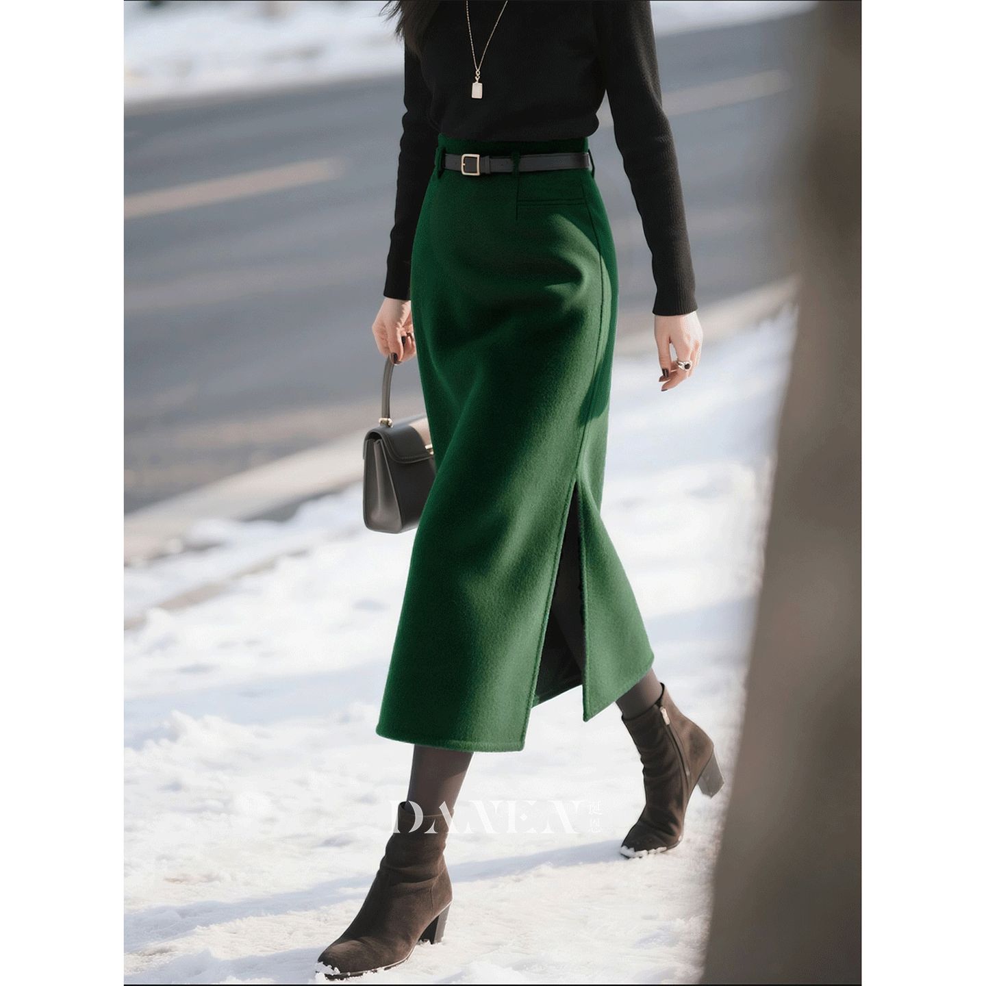 墨绿色羊毛半身裙女2025年秋冬