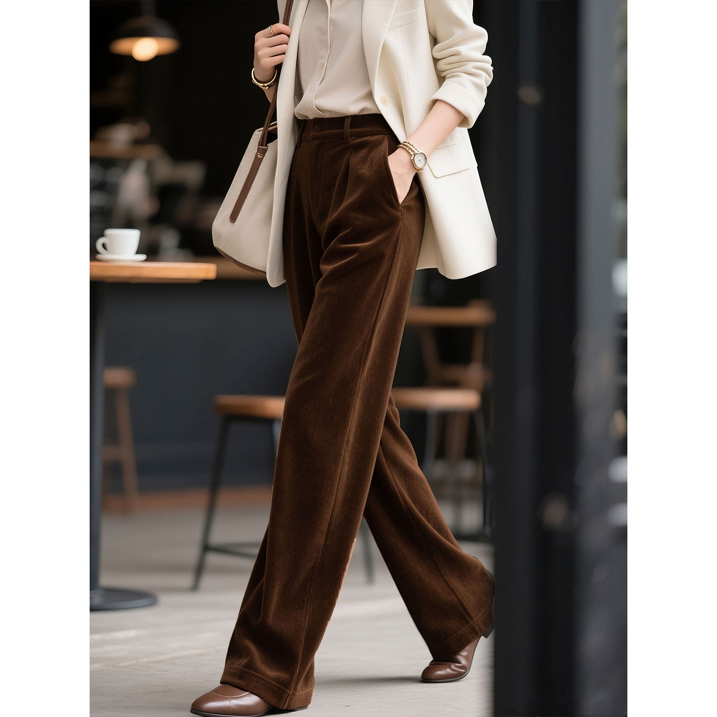 深棕色灯芯绒阔腿裤女2025年秋冬