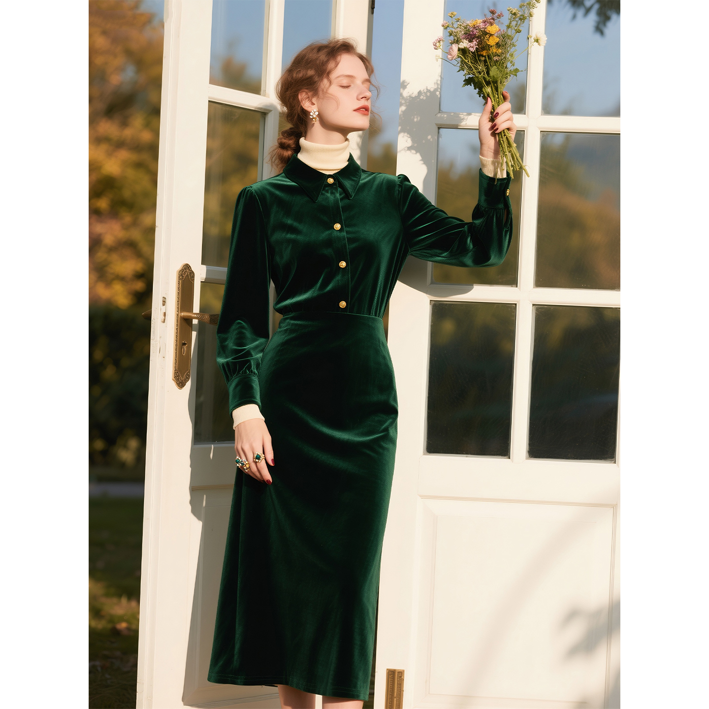 墨绿色丝绒衬衫套装女2025年秋冬