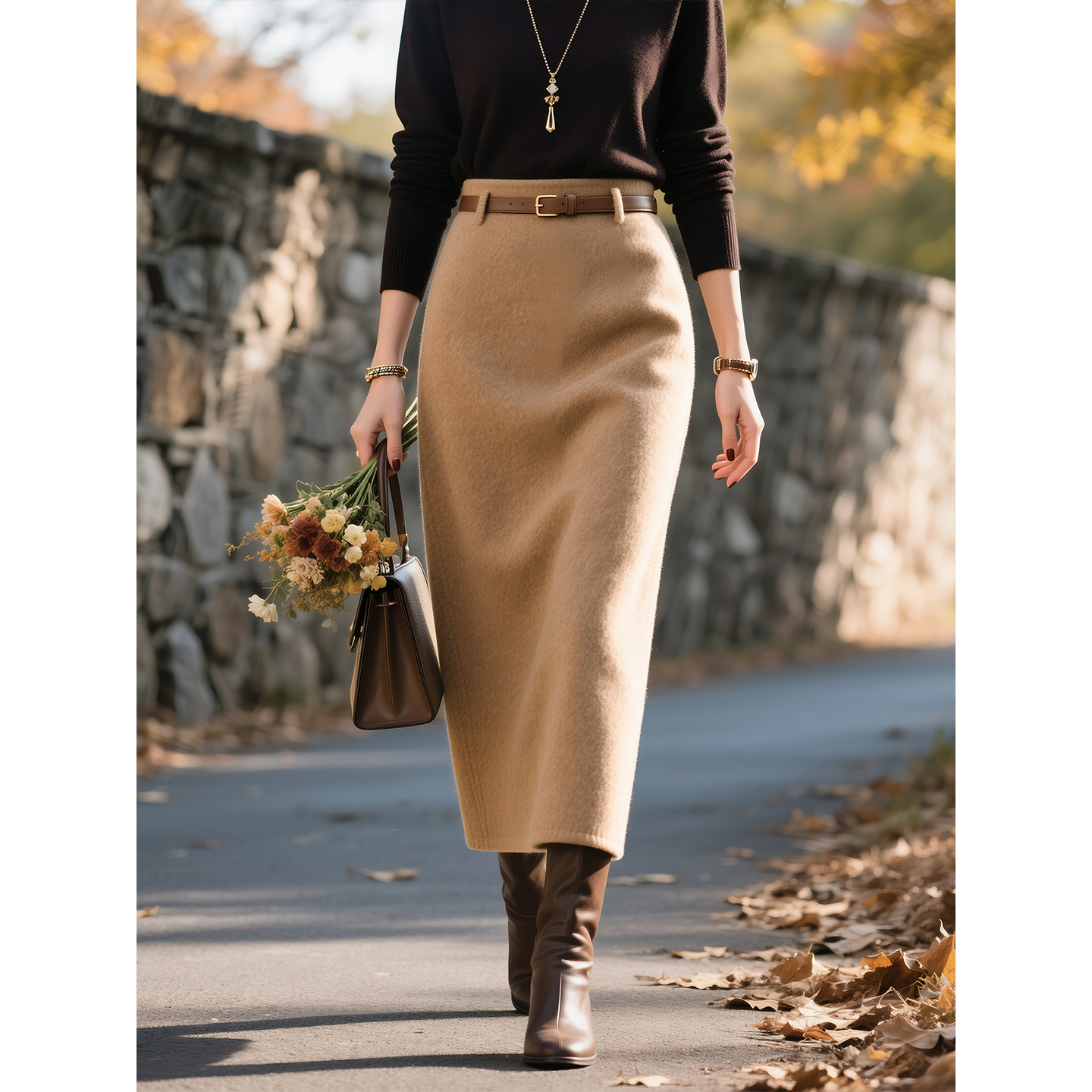 浅咖色毛呢高腰半身裙女2025年