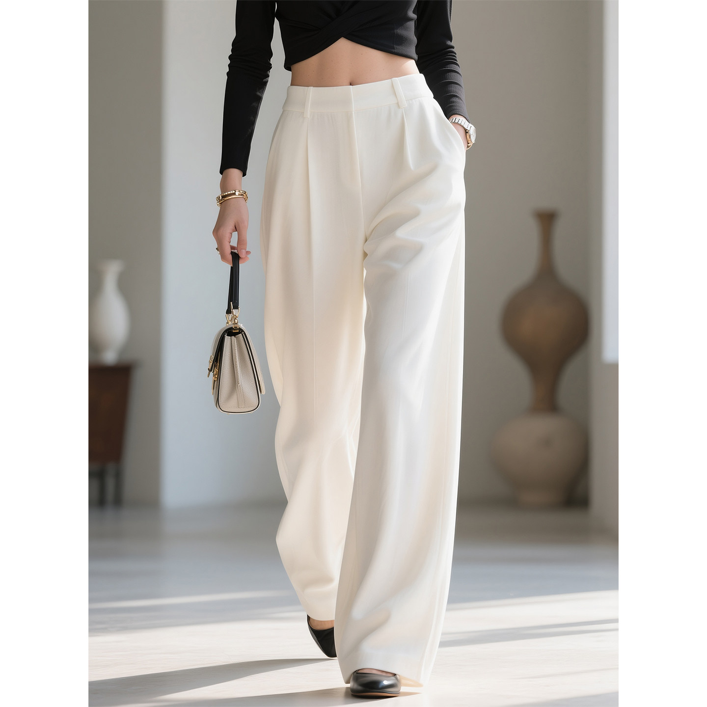 白色极简风高腰阔腿裤女2026年春季新款松弛感直筒休闲显瘦长裤,女装/女士精品,休闲裤,淘宝优惠券,粉丝福利购,淘宝优惠卷