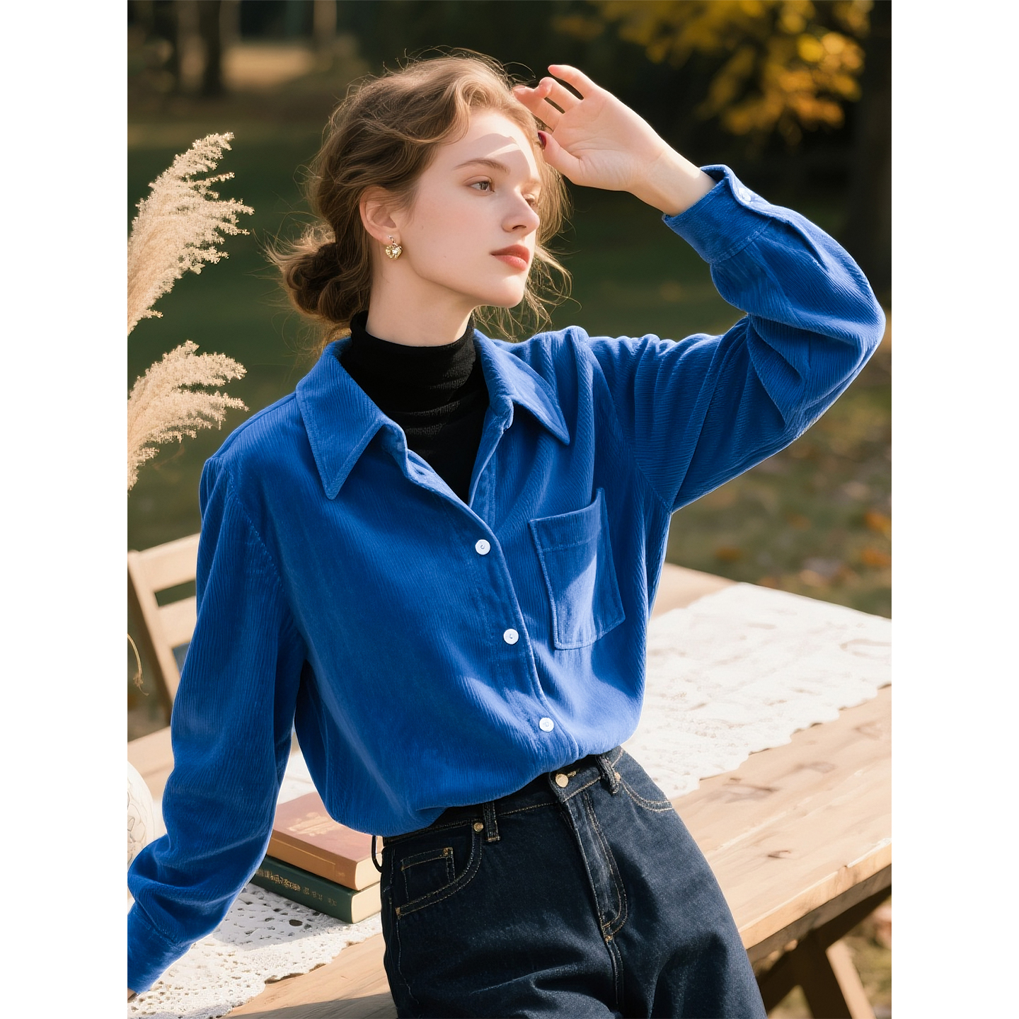 克莱因蓝灯芯绒衬衫女205年秋冬