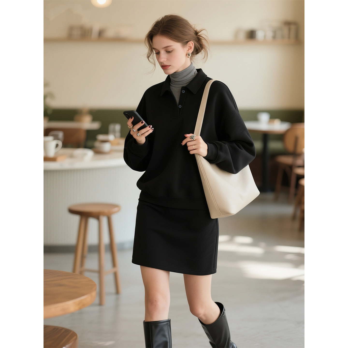 黑色POLO领卫衣套装女2026秋冬新款羊毛加厚慵懒风半身裙两件套,女装/女士精品,时尚套装,淘宝优惠券,粉丝福利购,淘宝优惠卷