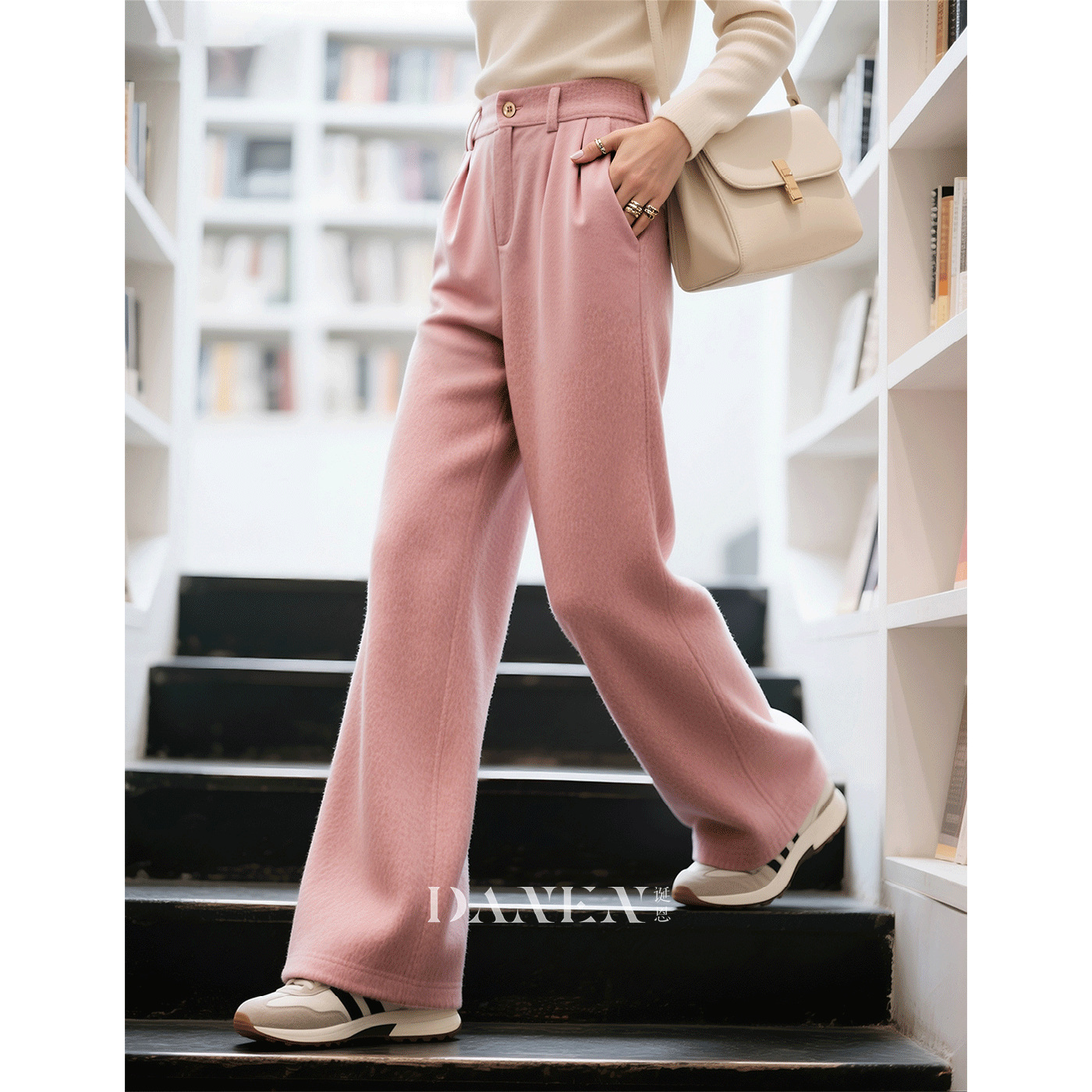 粉色毛呢窄版西装阔腿裤女2025年