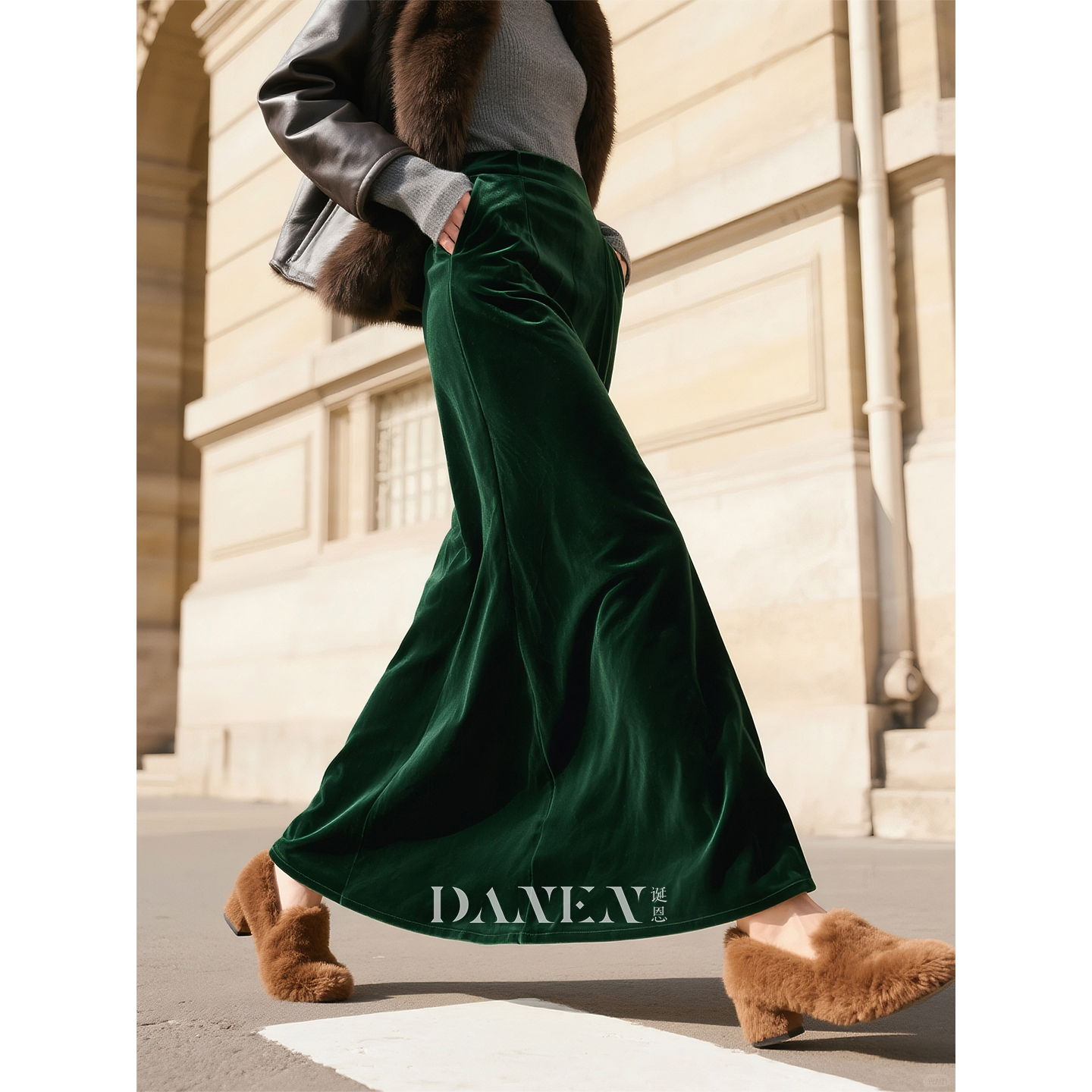 墨绿色高腰丝绒半身裙女长款裙子