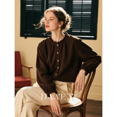 深棕色木耳领灯芯绒衬衫女2025