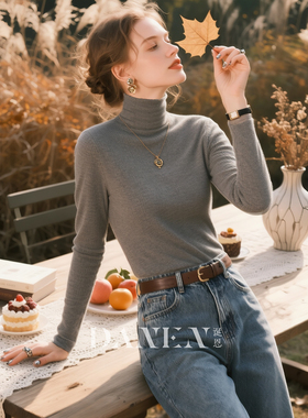 灰色高领针织打底衫女2026年秋冬新款内搭修身显瘦长袖T恤上衣