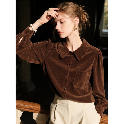 棕色磨毛纯棉灯芯绒长袖衬衫女