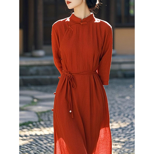 红色新中式亚麻旗袍连衣裙女2026年春季款轻奢高级感中袖裙子