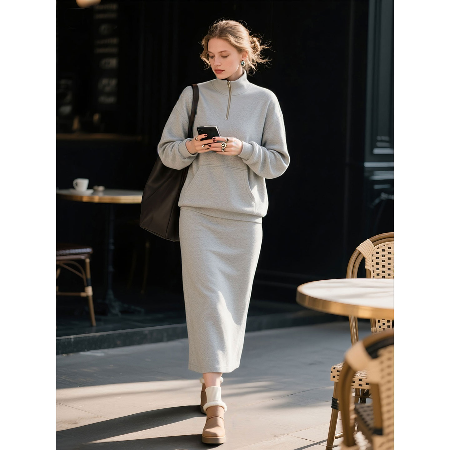 灰色立领卫衣半身裙套装女2025