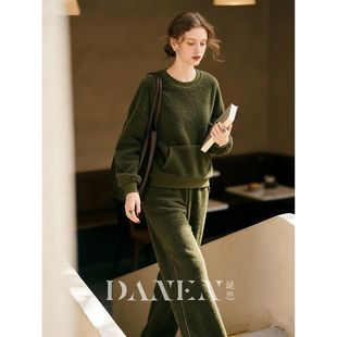 轻奢高级松弛小众卫衣长裤 新款 休闲两件套 女2026年春季 军绿色套装